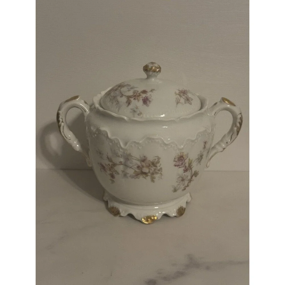 Vintage Antique Haviland Limoges Sugar Bowl with Lid Floral Gold France Pink Blu